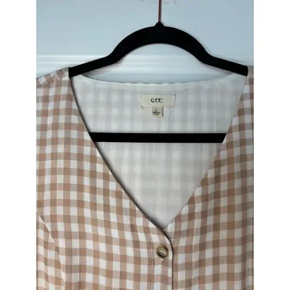 O.T.T Tan White Gingham Button Front Midi Dress Women’s Size Large Cottagecore - Picture 4 of 4